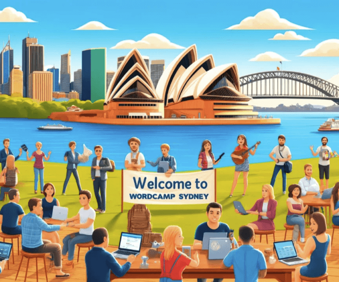 Photoscape of Sydney Harbour with a sign that says Welcome to WordCamp Sydney