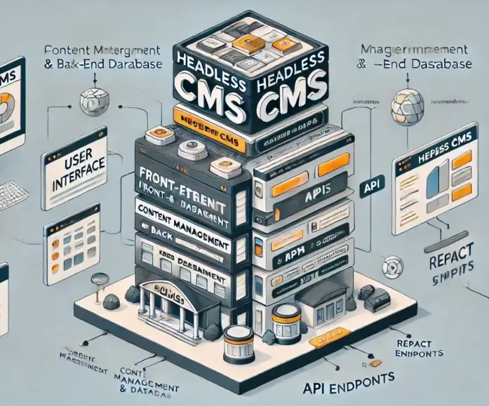 A split image showing the contrast between a headless CMS and a traditional CMS. On one side, a traditional CMS with combined front-end and back-end