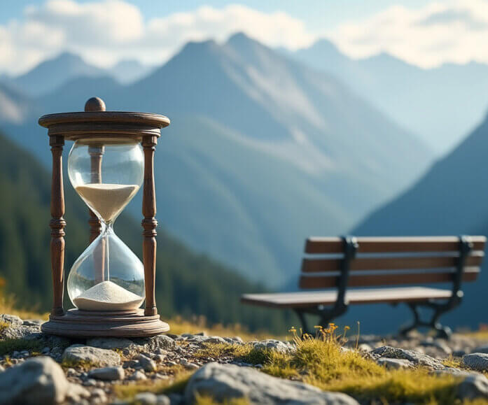 Egg timer and empty bench looking at a mountain range - a metaphor for slowing down.