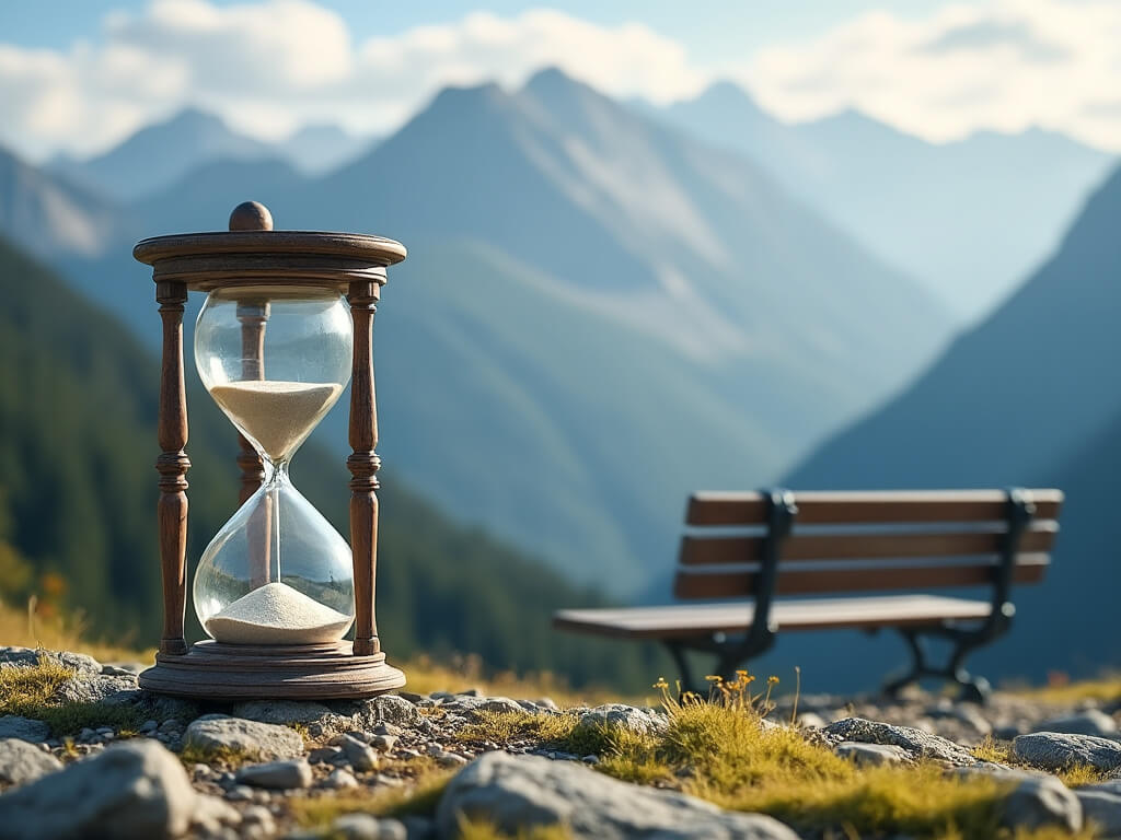 Egg timer and empty bench looking at a mountain range - a metaphor for slowing down.