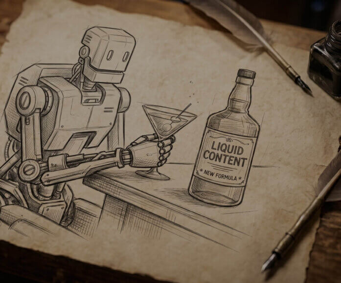 Pencil sketch illustration on aged paper showing a robot bartender mixing a martini, with a bottle labelled "Liquid Content — New Formula" on the bar beside it. A fountain pen and ink well sit at the edges of the page.