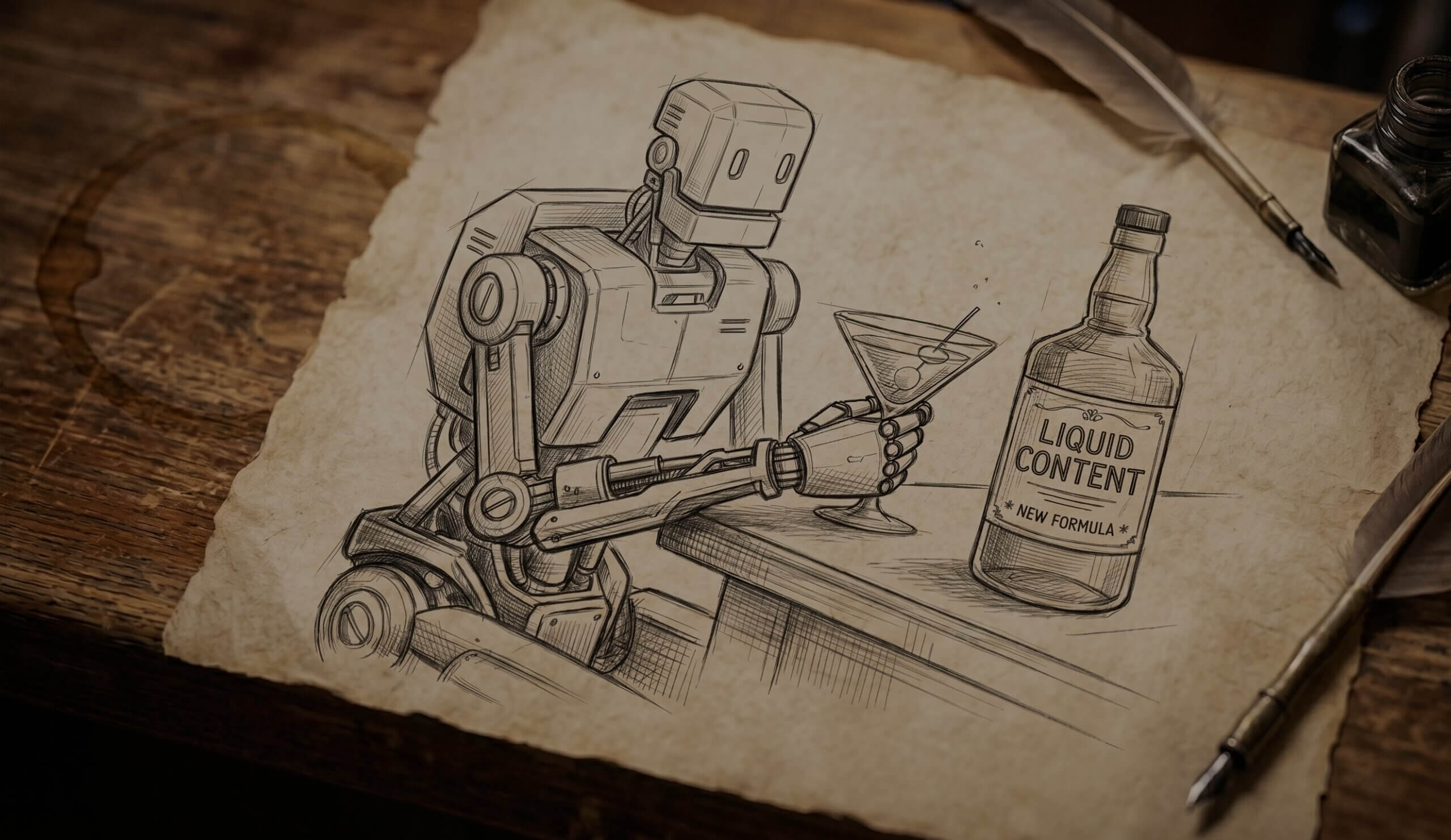 Pencil sketch illustration on aged paper showing a robot bartender mixing a martini, with a bottle labelled "Liquid Content — New Formula" on the bar beside it. A fountain pen and ink well sit at the edges of the page.