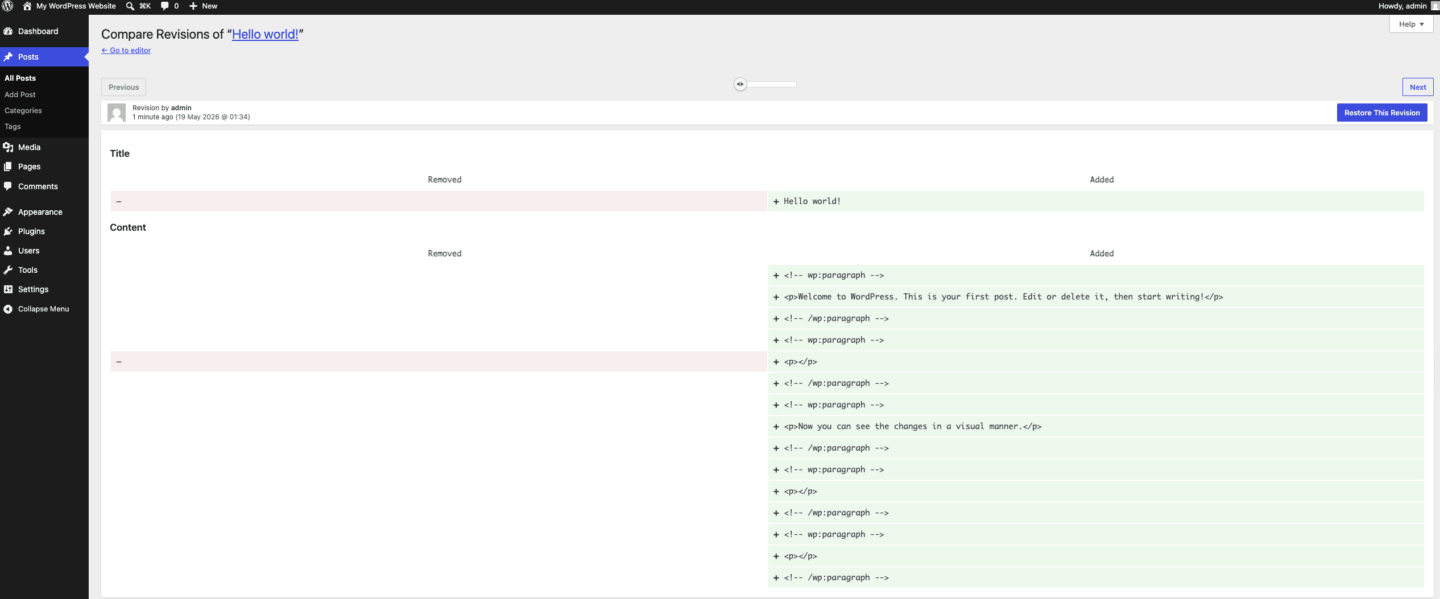 Screengrab of previous Revision Preview Screen