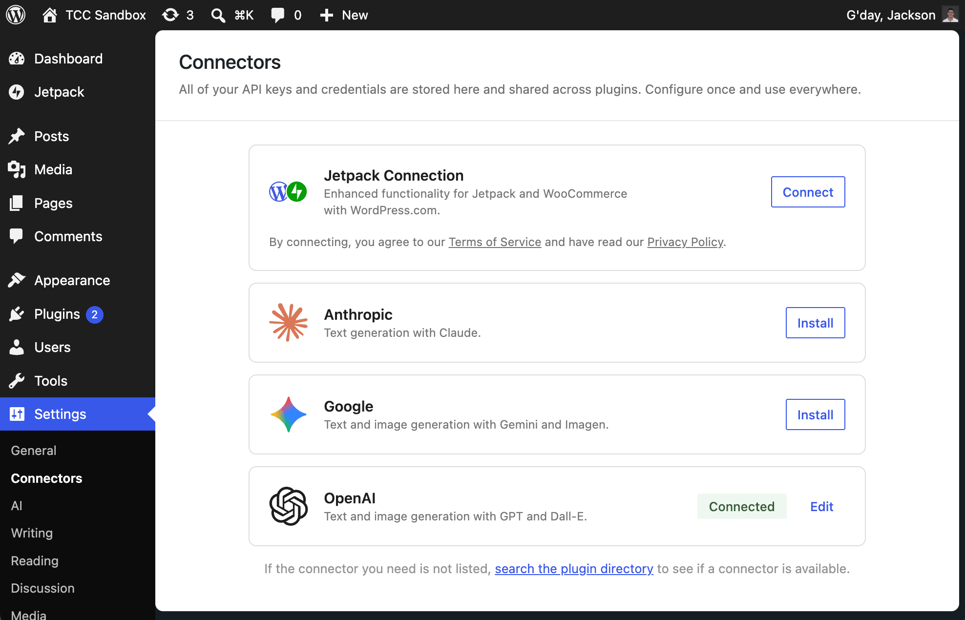 Screenshot of the news Connectors section in WordPress 7.0