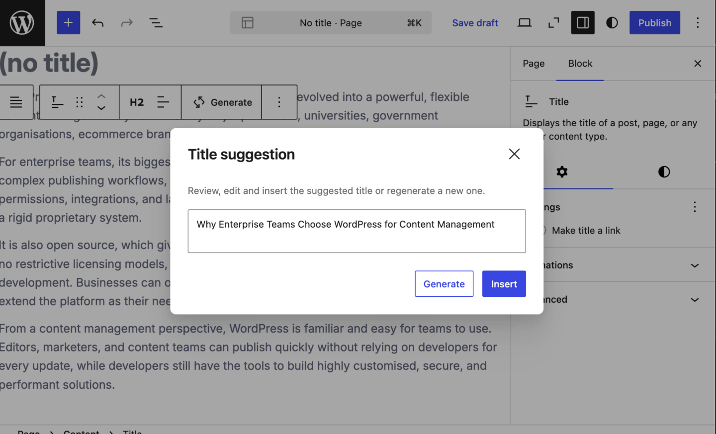 Screengrab of the AI Title Generator Feature