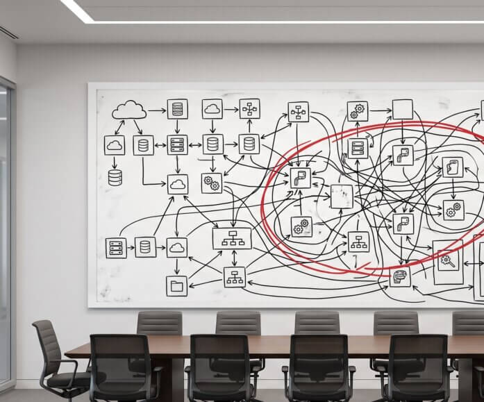 A photograph of an empty modern conference room featuring a large whiteboard covered in a complex, hand-drawn black flowchart diagram. A prominent, slightly messy red marker circle highlights a central part of the diagram encompassing the word 'build'. Glass walls are on the left.