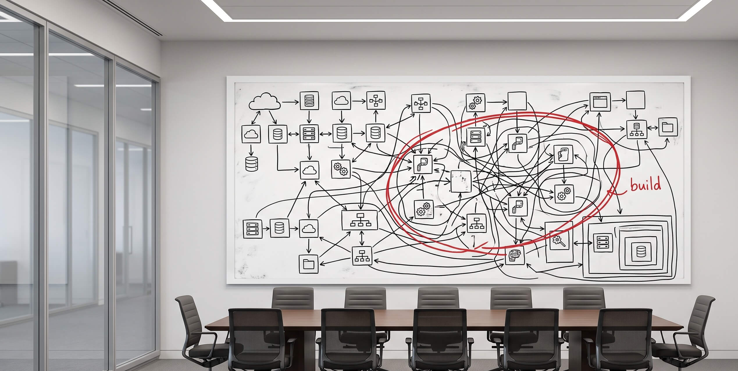 A photograph of an empty modern conference room featuring a large whiteboard covered in a complex, hand-drawn black flowchart diagram. A prominent, slightly messy red marker circle highlights a central part of the diagram encompassing the word 'build'. Glass walls are on the left.